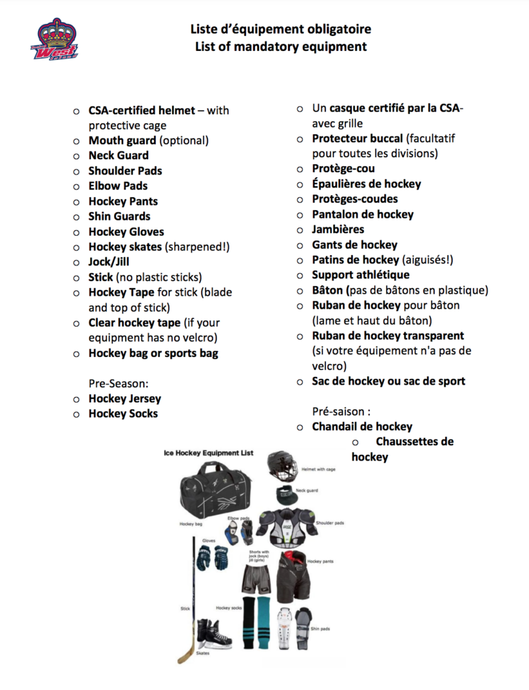 EQUIPMENT LIST HOCKEY WEST ISLAND